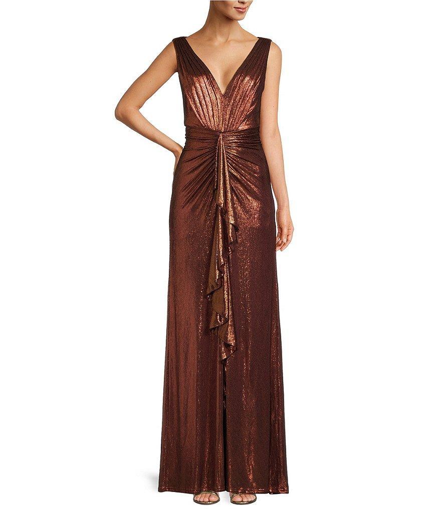 Tadashi Shoji Metallic Jersey V-Neck Sleeveless Ruffle Front Slit Gown Product Image