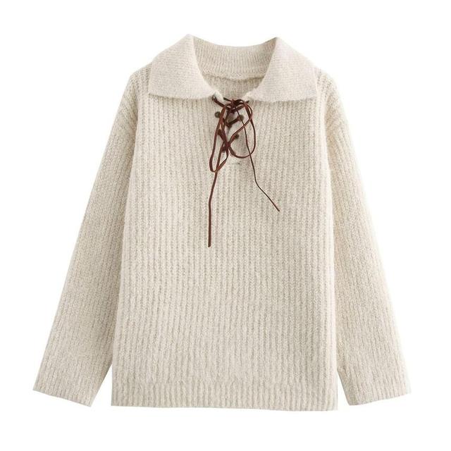 Collared Plain Lace-Up Sweater Product Image