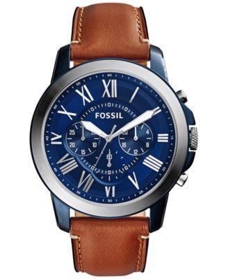 Men's Fossil Grant Two-Tone Chronograph Brown Leather Strap Watch with Blue Dial (Model: Fs5151) Product Image