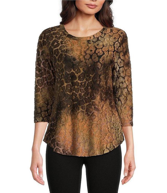 Calessa Stretch Burnout Tie Dye Crew Neckline 3/4 Sleeve Top Product Image