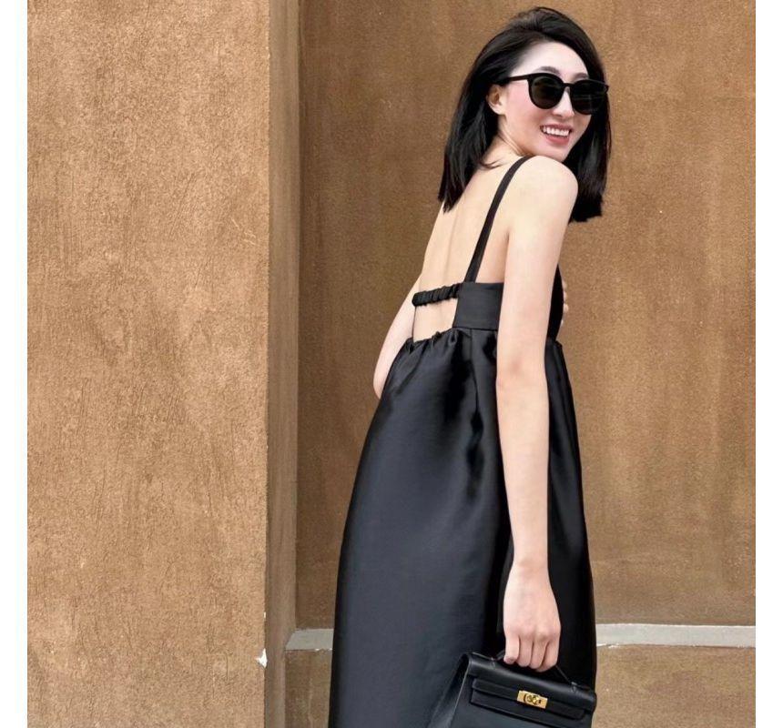 Spaghetti Strap Plain Open Back Slit Maxi A-Line Dress Product Image