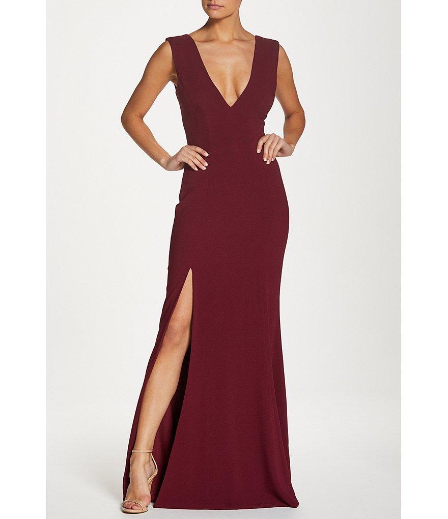 Dress the Population Sandra Crepe Plunge V-Neck Sleeveless Side Slit Gown Product Image