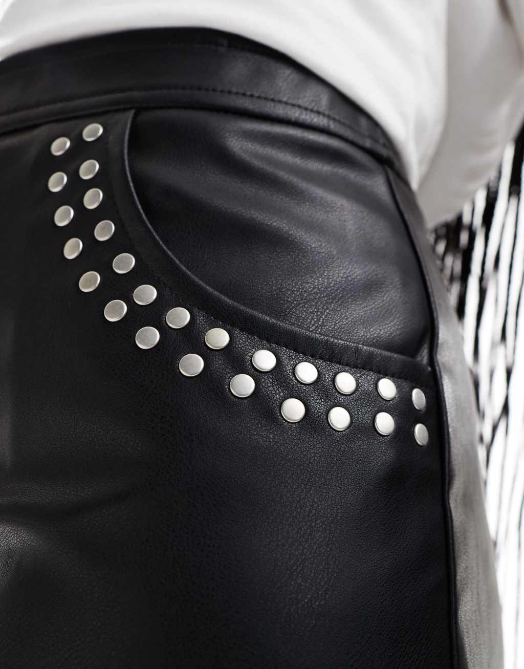 ASOS DESIGN stud detail leather look mini skirt in black Product Image