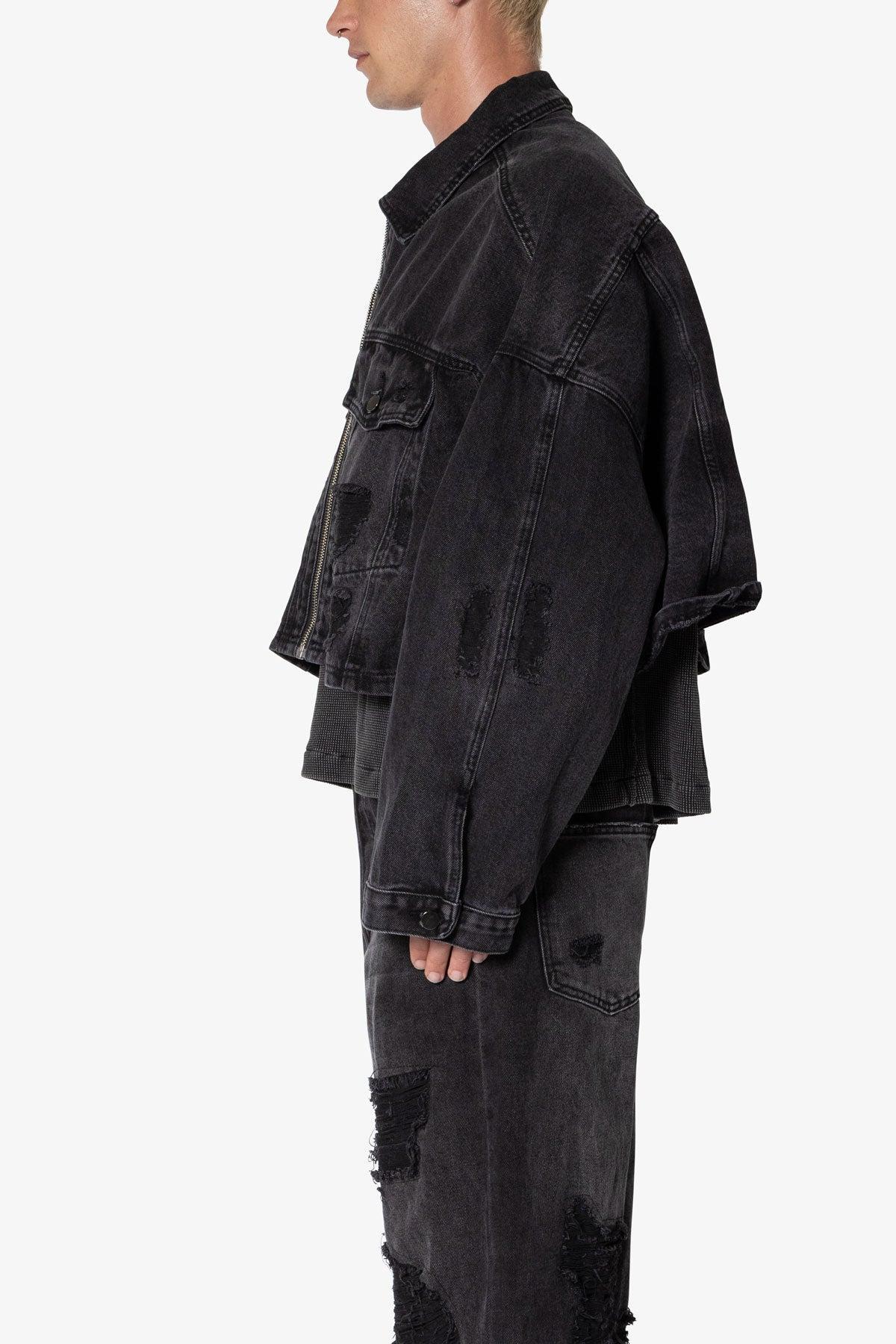 Oversized Cropped Ripped Denim Jacket - Washed Black Product Image