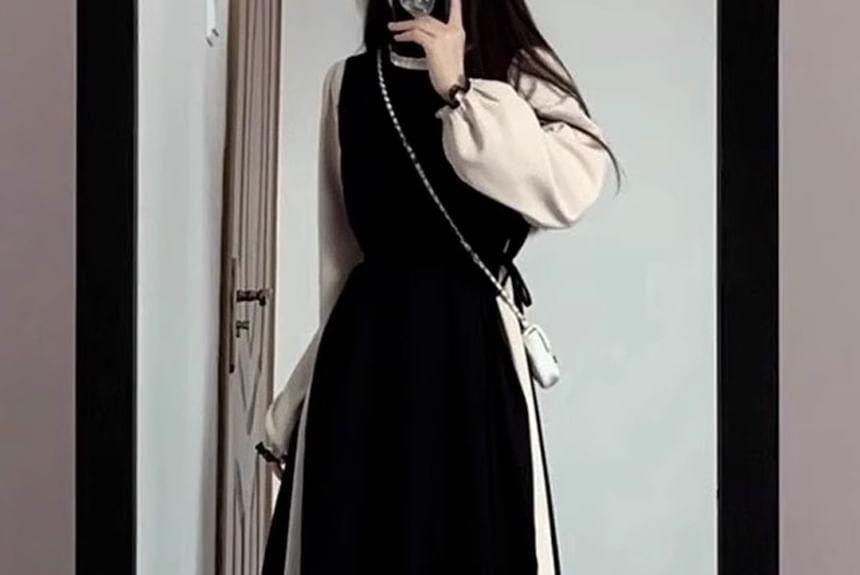 Set: Long-Sleeve Stand Collar Contrast Frill Trim Midi A-Line Dress + Crew Neck Plain Tie Side Pinafore Dress Product Image