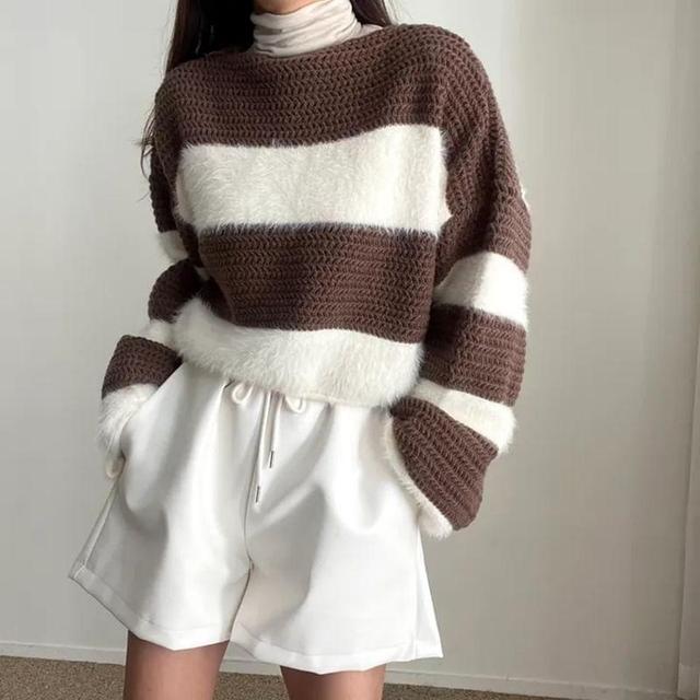 Boat Neck Striped Cropped Sweater Product Image