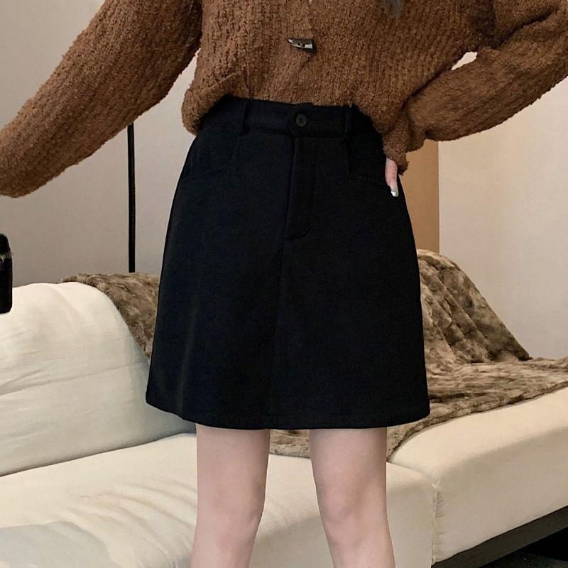 High Waist Plain Fleece-Lined Corduroy Mini A-Line Skirt Product Image