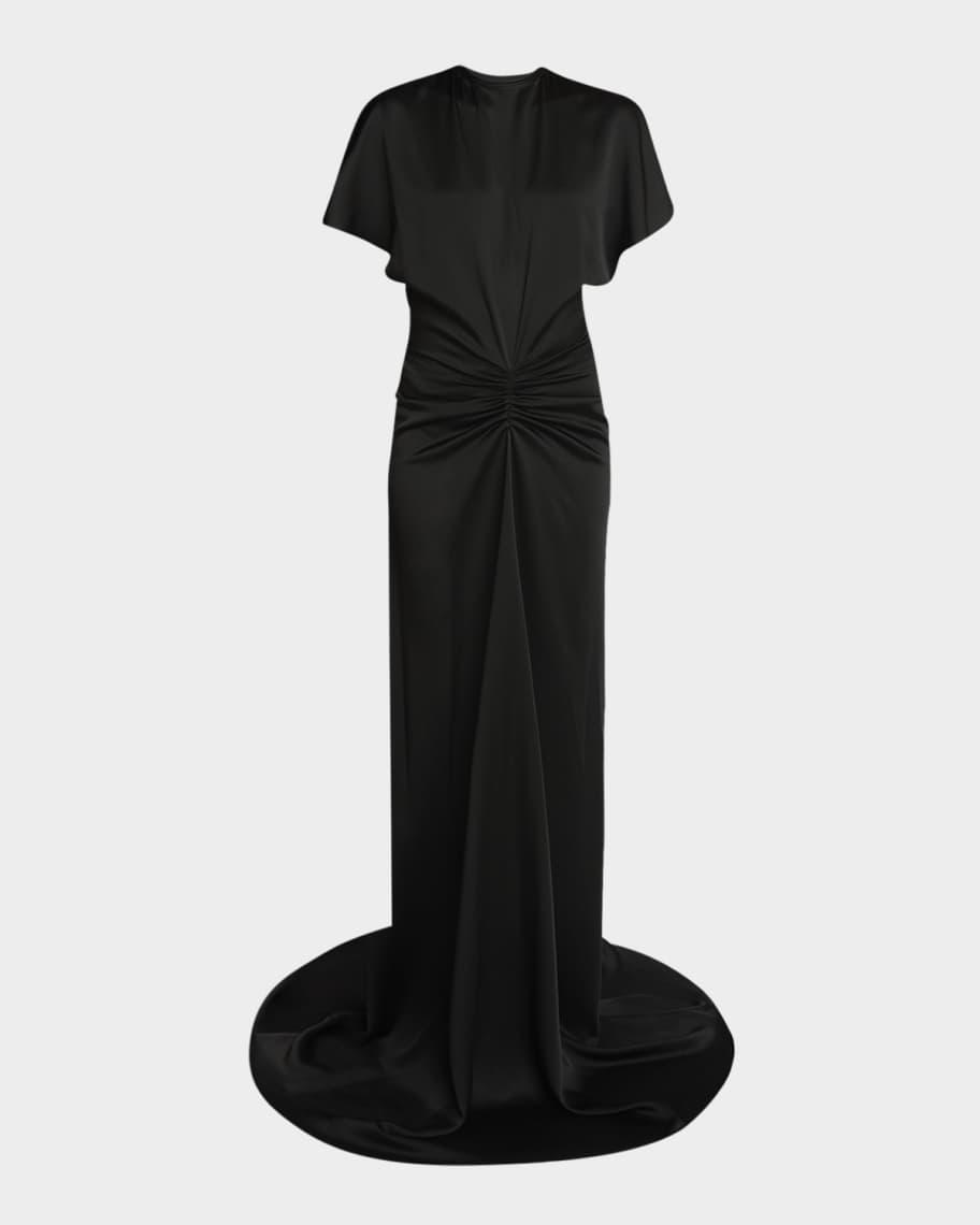 Gathered-Waist Backless Satin Gown Product Image