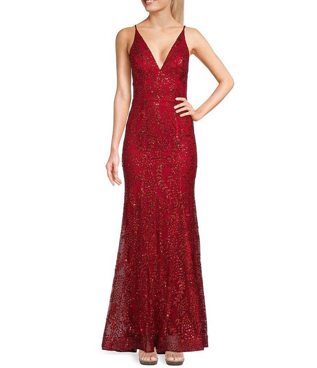 Blondie Nites Pattern Glitter Mesh Deep V-Neck Tie Back Mermaid Gown Product Image