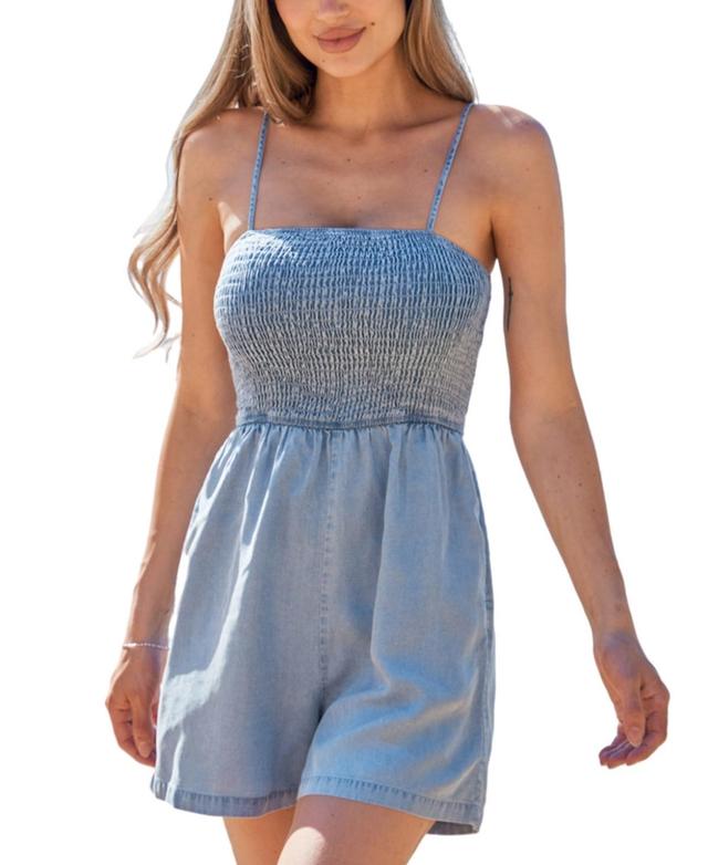 Cupshe Womens Light Blue Square Neck Smocked Bodice Wide Leg Romper - Light Product Image