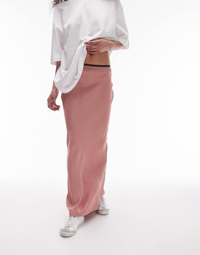 Topshop satin maxi bias skirt with elastic trim in pink Product Image