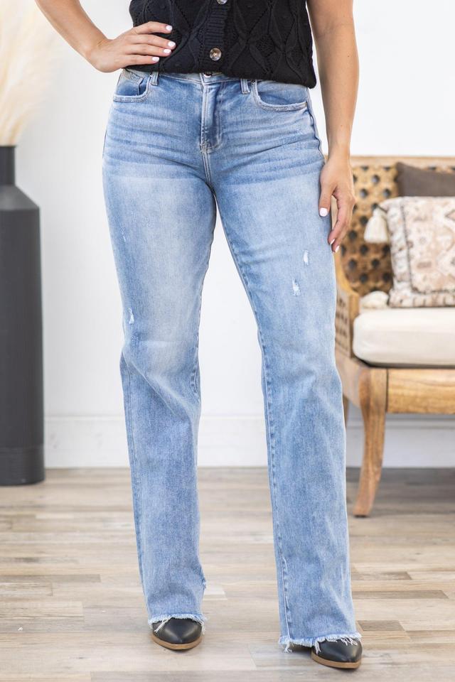 Risen Light Wash Long Straight Jeans Fray Hem Product Image