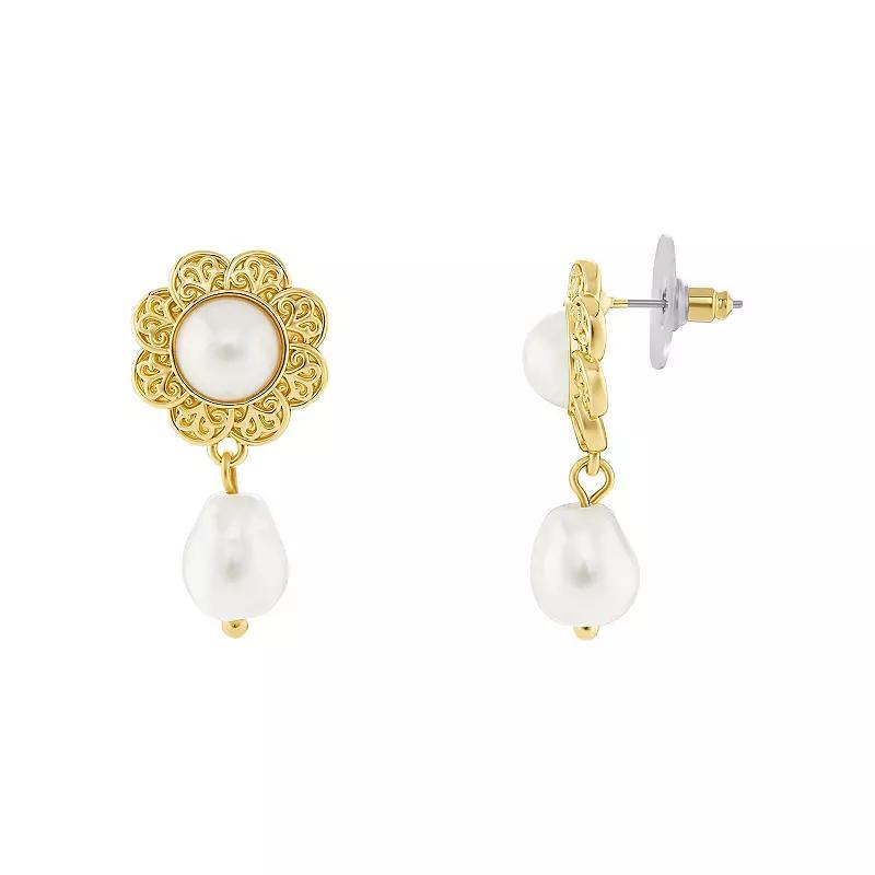 Emberly Gold Tone Flower with White Teardrop Simulated Pearl Drop Earrings, Womens Product Image