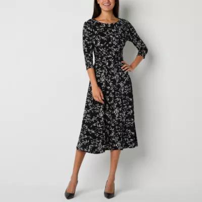 Perceptions Womens 3/4 Sleeve Leaf Midi Fit + Flare Dress Product Image