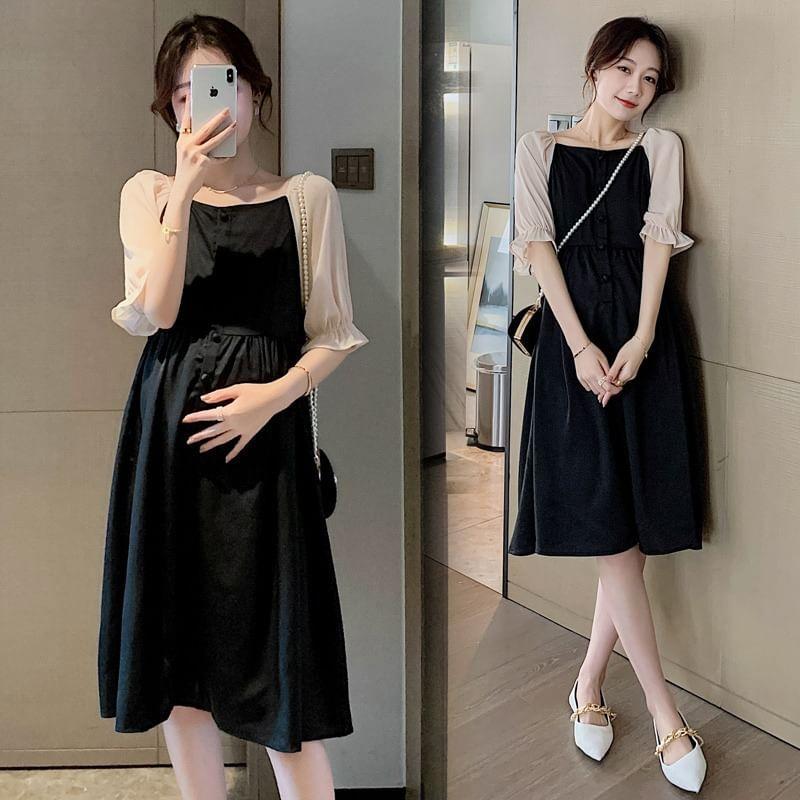 Maternity Short-Sleeve Square Neck Raglan A-Line Dress Product Image