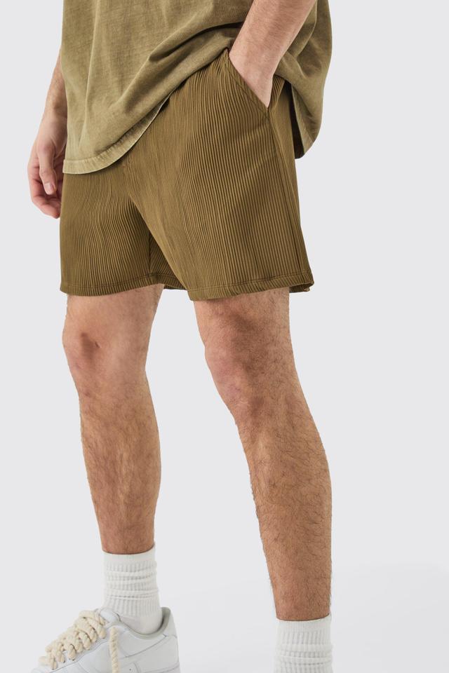 Mens Brown Elasticated Waist Pleated Drawcord Shorts, Brown Product Image