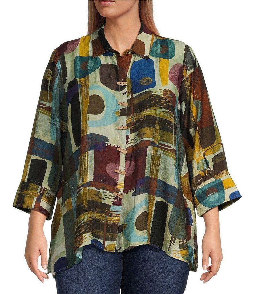 Ali Miles Plus Size Abstract Printed Collared 3/4 Sleeve Button Down Top Product Image