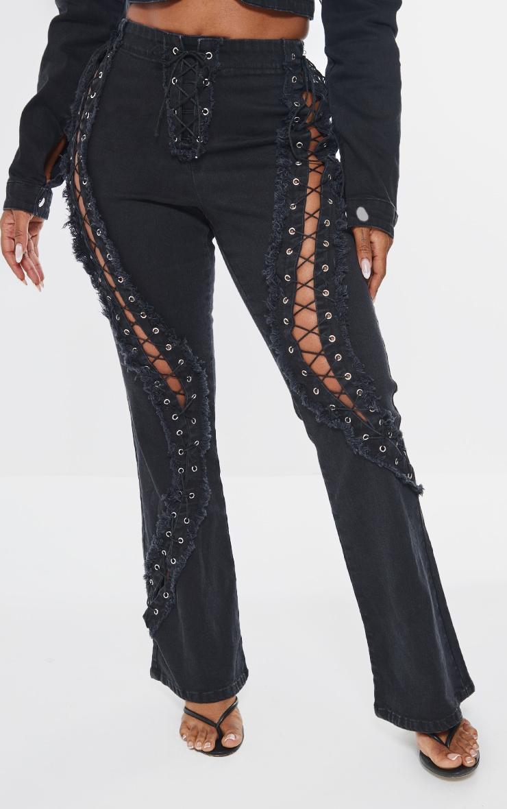 Shape Black Denim Lace Up Detail Flare Jeans Product Image