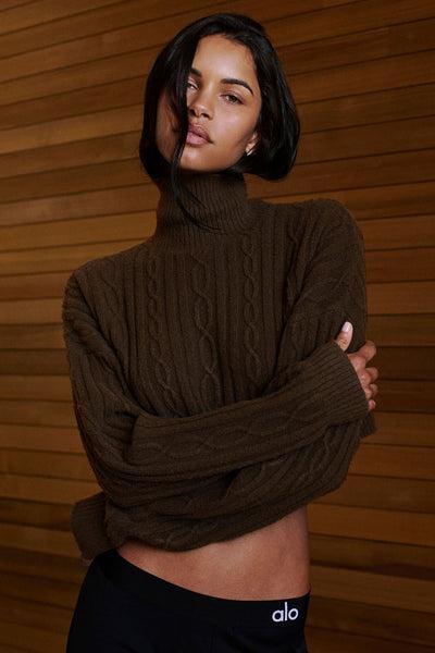 Cable Knit Cropped Winter Bliss Turtleneck Long Sleeve - Espresso Product Image