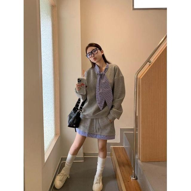 Long Sleeve Plaid Panel Tie-Front Loose-Fit Sweatshirt / High Waist Mini A-Line Skirt Product Image