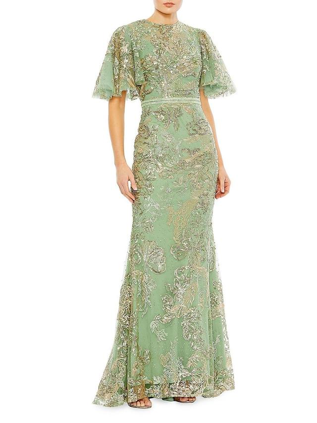 Womens Embellished Flutter-Sleeve High-Neck Gown Product Image