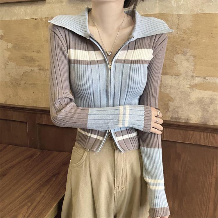 Striped Ribbed Zip Cardigan Product Image