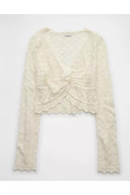 AE Pointelle Twist-Front Cropped Sweater Womens Product Image