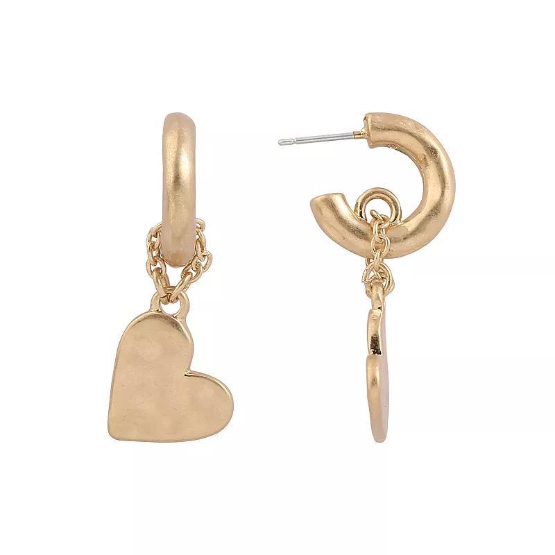 Bella Uno Worn Heart Charm Post Hoop Earrings, Womens, Gold Tone Product Image