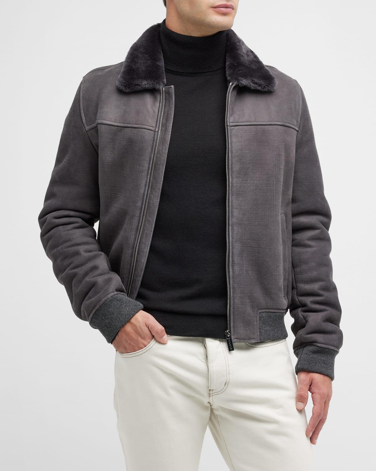 Mens Lamb Shearling Check Bomber Jacket Product Image