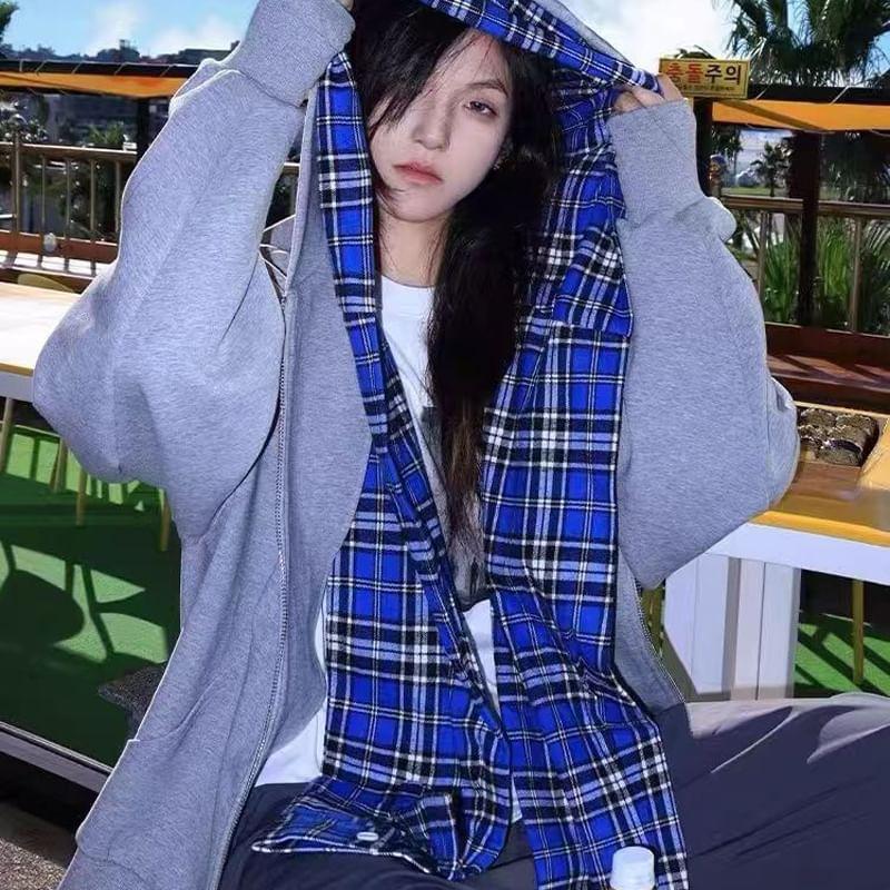 Plaid Panel Mock Two Piece Zip Hoodie Product Image