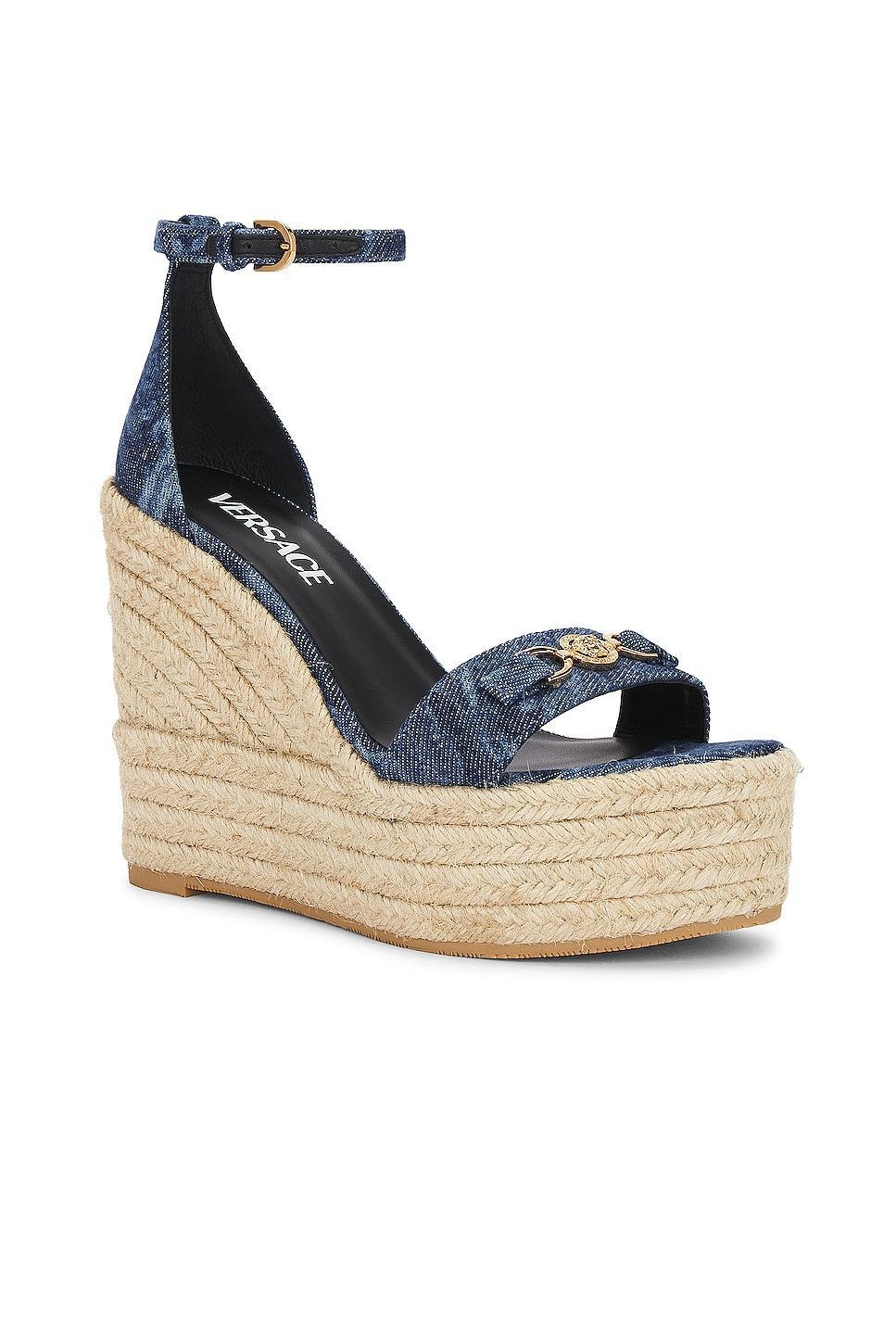 VERSACE Fabric Wedge Espadrille Sandal in Blue - Blue. Size 38.5 (also in 36.5, 37, 37.5, 38, 39.5, 40, 41). Product Image