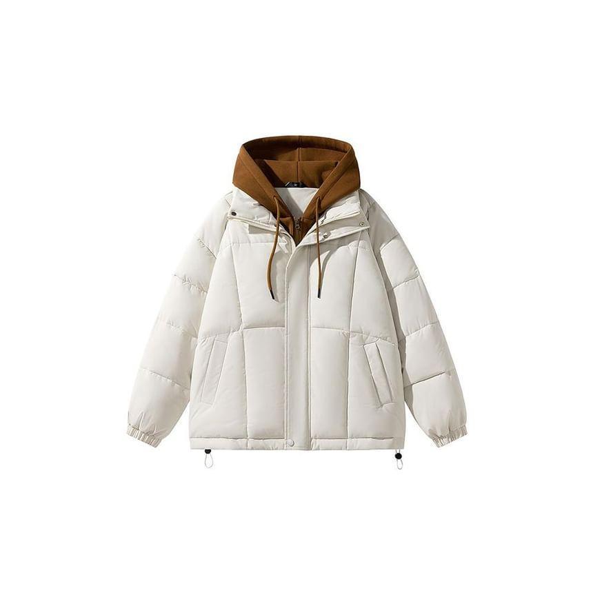 Mock Two-Piece Two-Tone Hooded Padded Zip Jacket Product Image