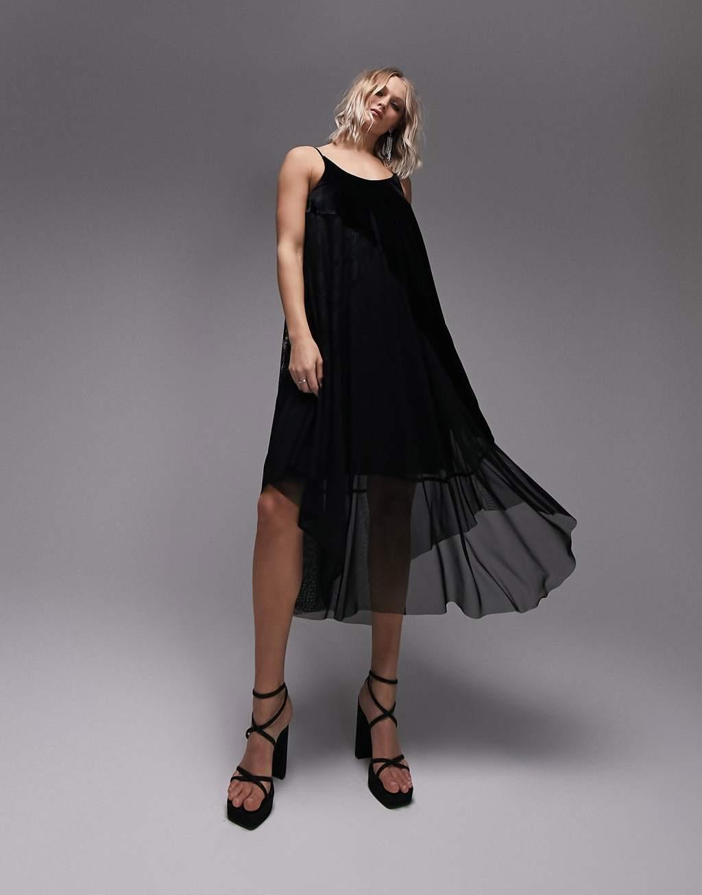 Topshop mix and match lace velvet strappy belted midi dress Product Image