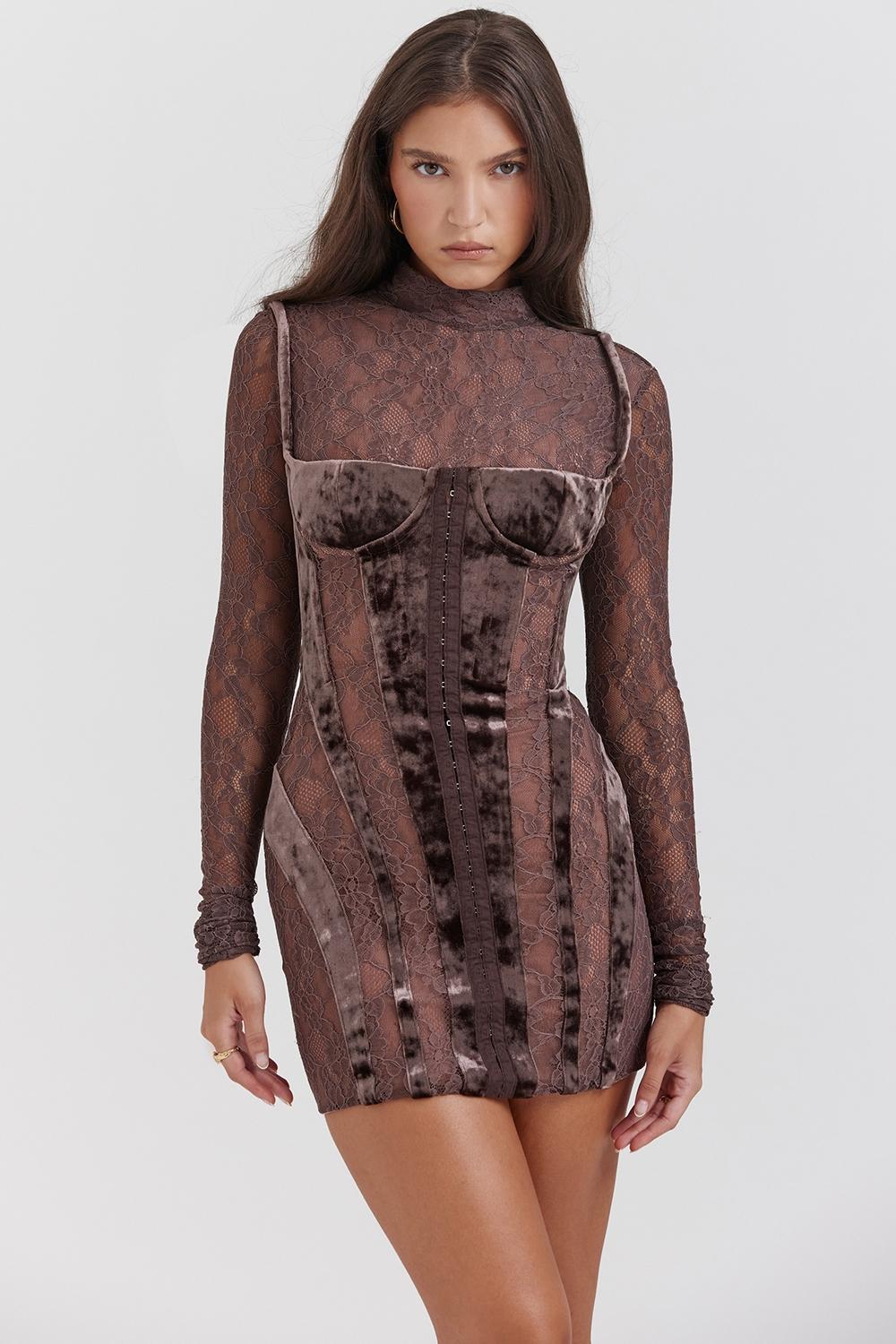 Marica Brown Velvet & Lace Corset Dress Product Image