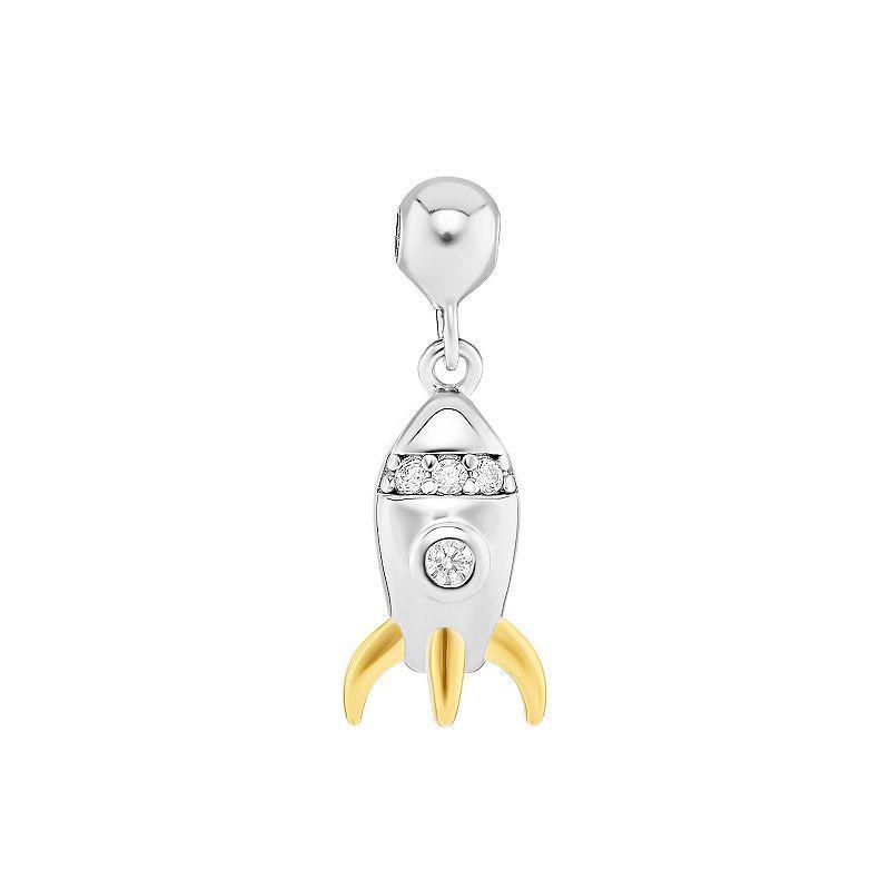 PRIMROSE Two Tone Sterling Silver & 18k Gold Plated Polished Cubic Zirconia Rocket Ship Sliding Charm, Womens, Two Tone Yellow Gold C Product Image