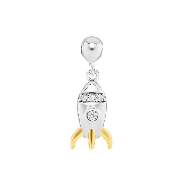 PRIMROSE Two Tone Sterling Silver & 18k Gold Plated Polished Cubic Zirconia Rocket Ship Sliding Charm, Womens, Two Tone Yellow Gold C Product Image