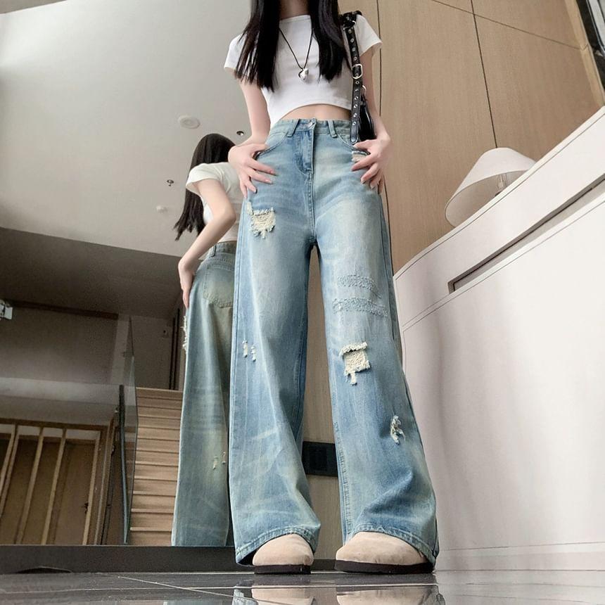 High Rise Washed Distressed Straight-Fit Wide-Leg Jeans Product Image