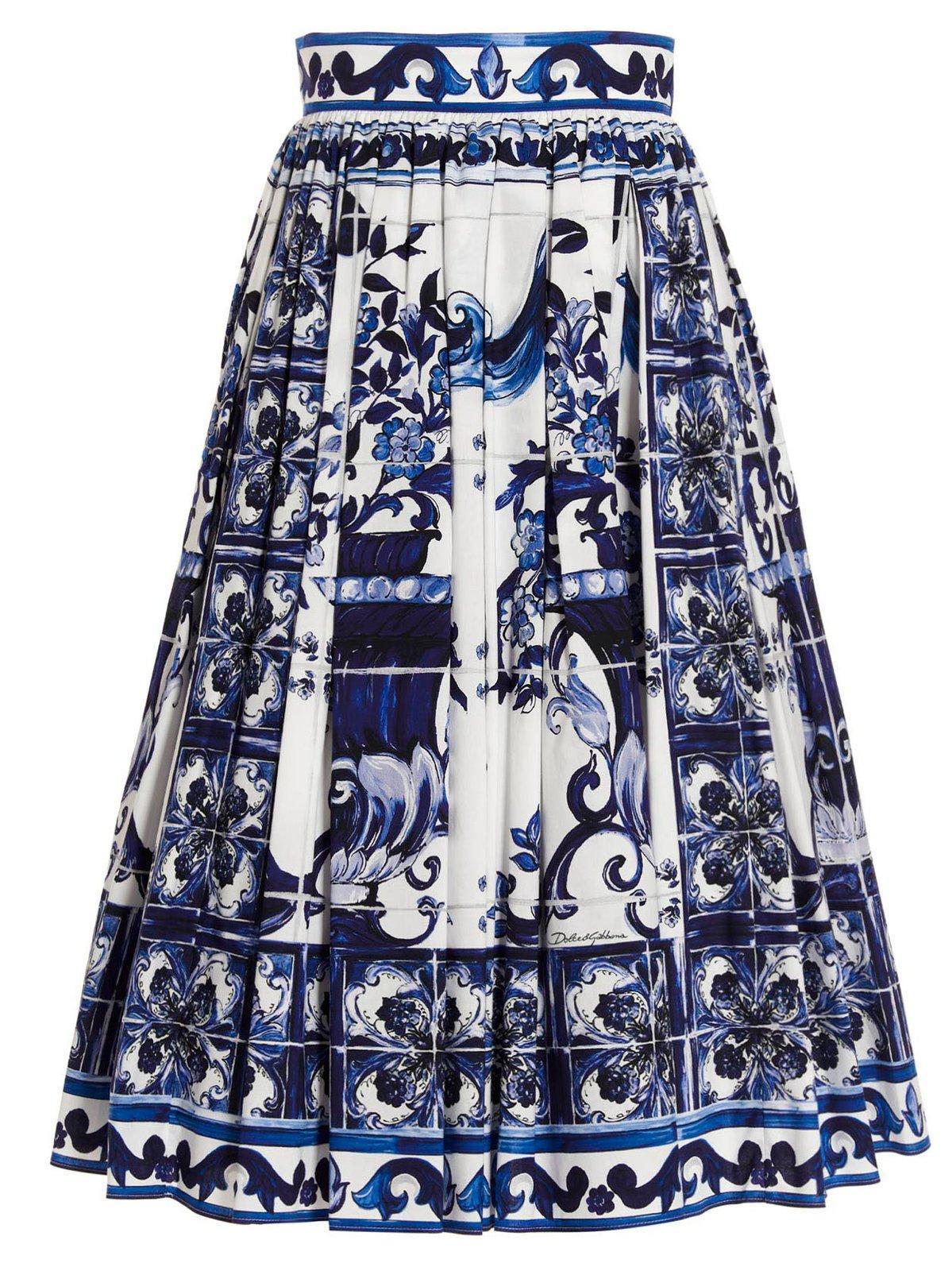 DOLCE & GABBANA Majolica-print Pleated A-line Midi Skirt In Tris Maioliche Product Image