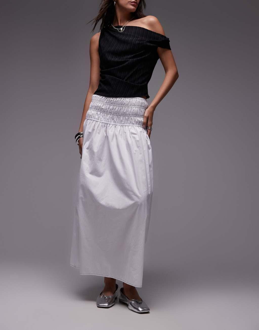 Topshop smocked waist maxi skirt in ivory with black topstitching Product Image