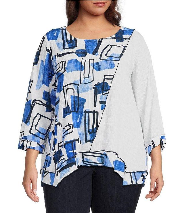 Ali Miles Plus Size Textured Woven Abstract Print Crew Neck 3/4 Sleeve Asymmetric Hem Tunic Product Image