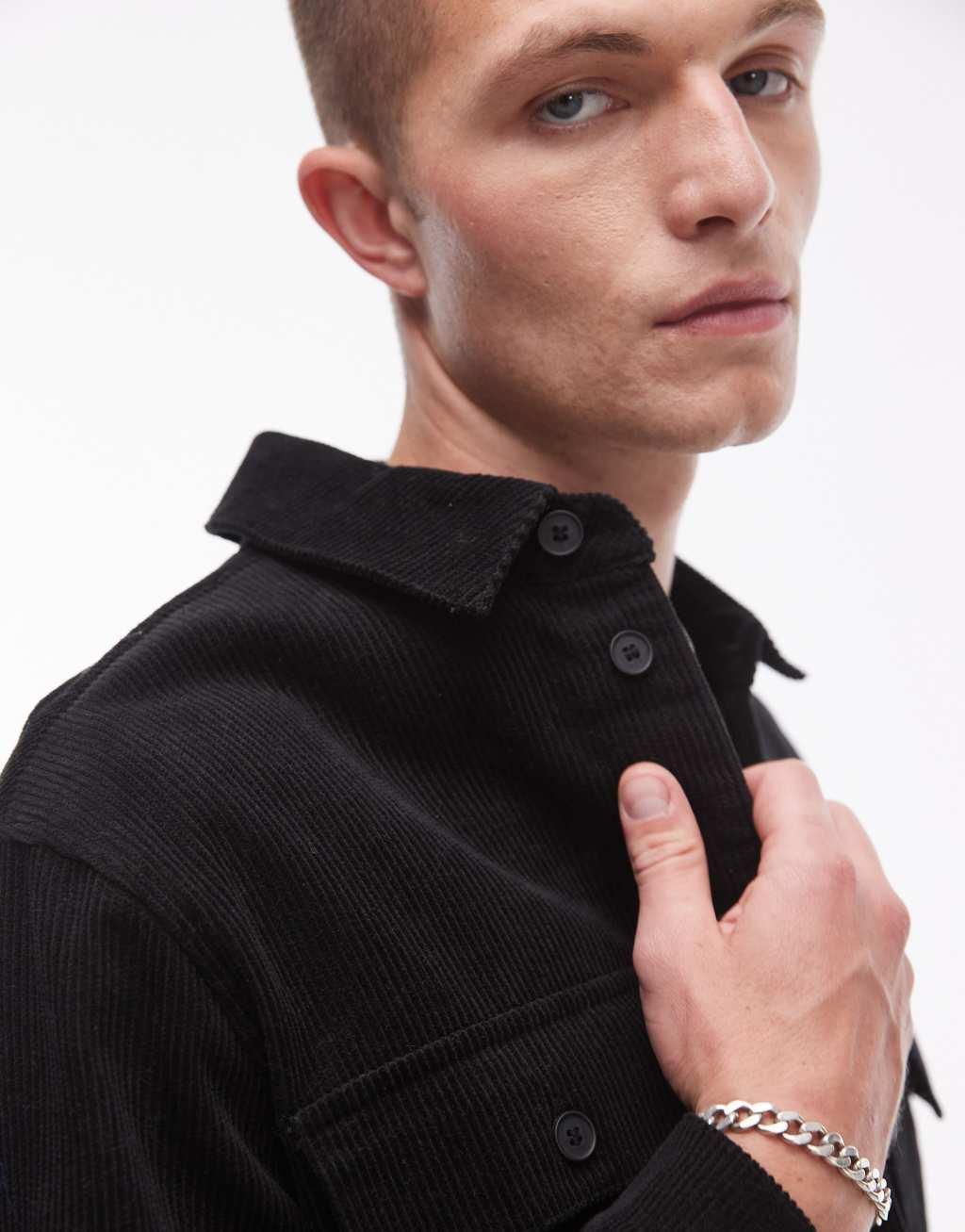 Topman long sleeve cord overshirt in black Product Image