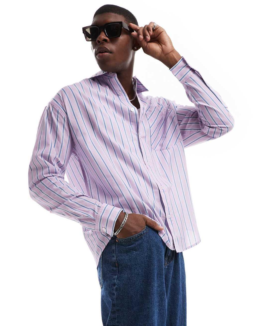 ASOS DESIGN 90s oversized shirt in purple and blue stripe  Product Image