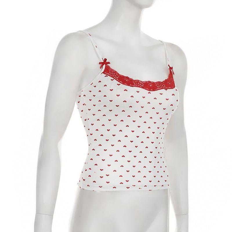 Spaghetti Strap Heart Print Lace Trim Camisole Top Product Image