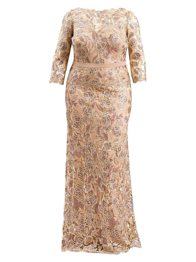 Womens Three-Quarter-Sleeved Embroidered Lace Gown Product Image