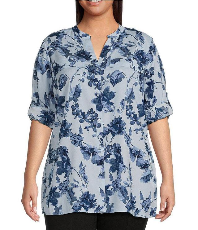 Calvin Klein Plus Size Floral Print V Neckline Long Sleeve Roll Tab Top Product Image