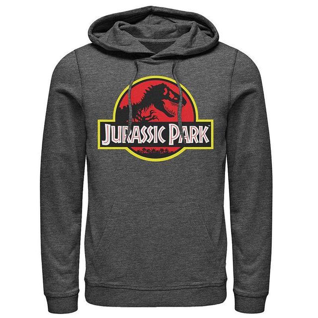 Mens Jurassic Park Red & Yellow Outline Logo Graphic Pullover Hoodie Dark Grey Product Image