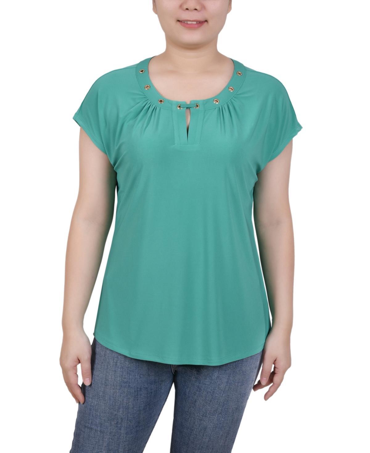 Ny Collection Petite Grommet Neck Knit Short Extended Sleeve Top Product Image