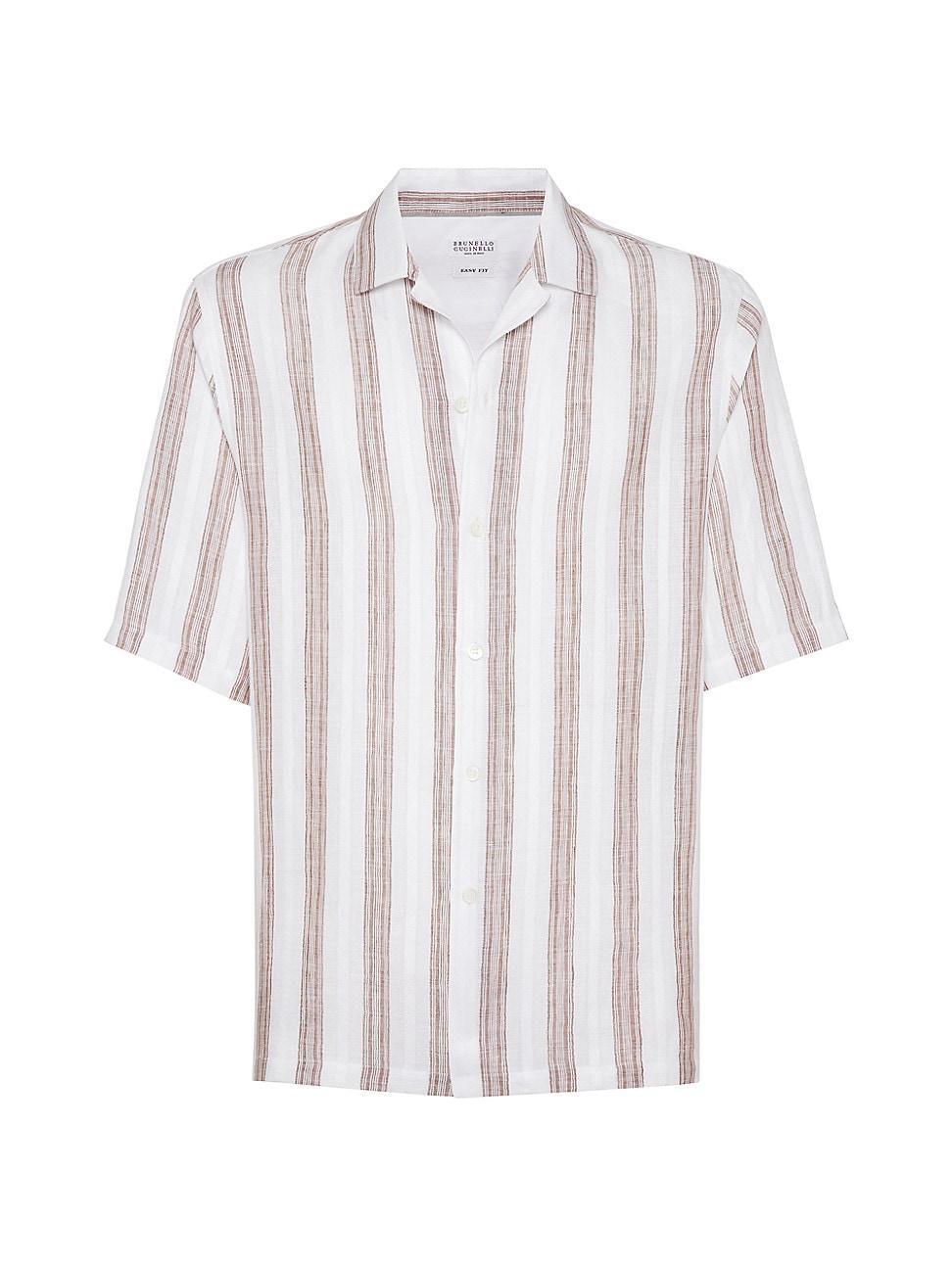 Mens Textured Striped Linen Shirt with Camp Collar Product Image