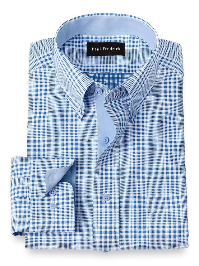 Non-Iron Cotton Plaid Dress Shirt With Contrast Trim - Blue Product Image