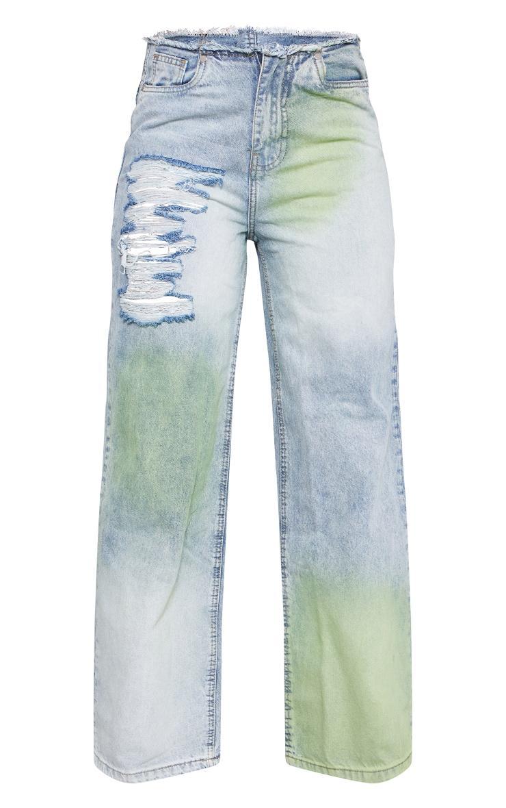 Green Tint Vintage Wash Distressed Seam Detail Wide Leg Jeans Product Image